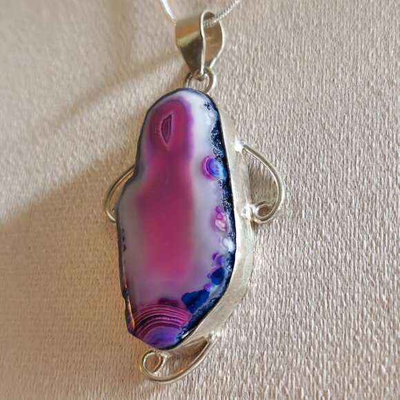 Natural Pink Botswana Agate 100% ARTISAN Pendant and Sterling Silver Chain - Picture 4 of 6